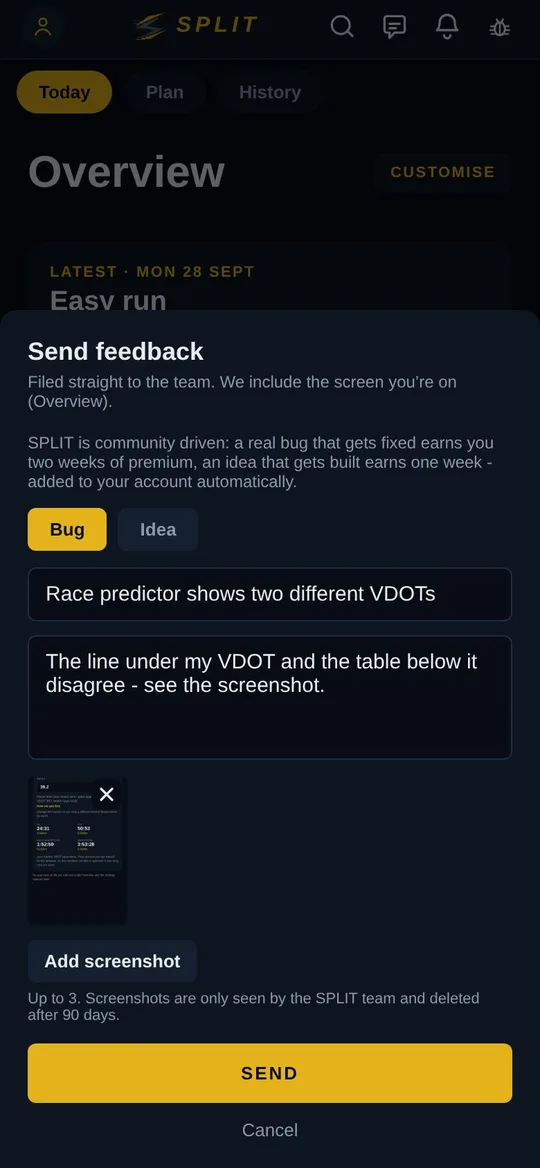 The Send feedback sheet in the SPLIT app, with Bug and Idea, a title, a description and a screenshot